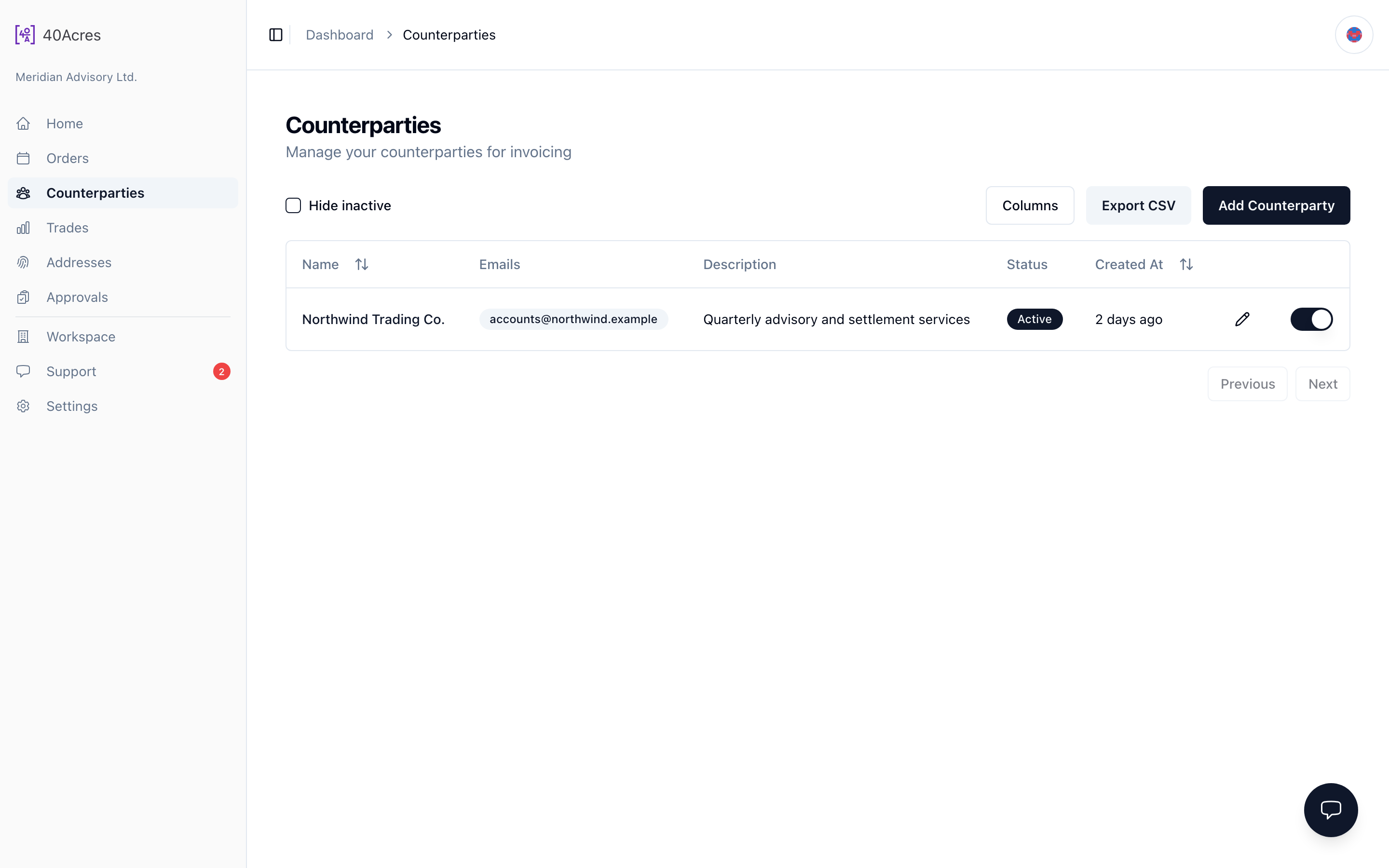 Counterparties — /dashboard/counterparties