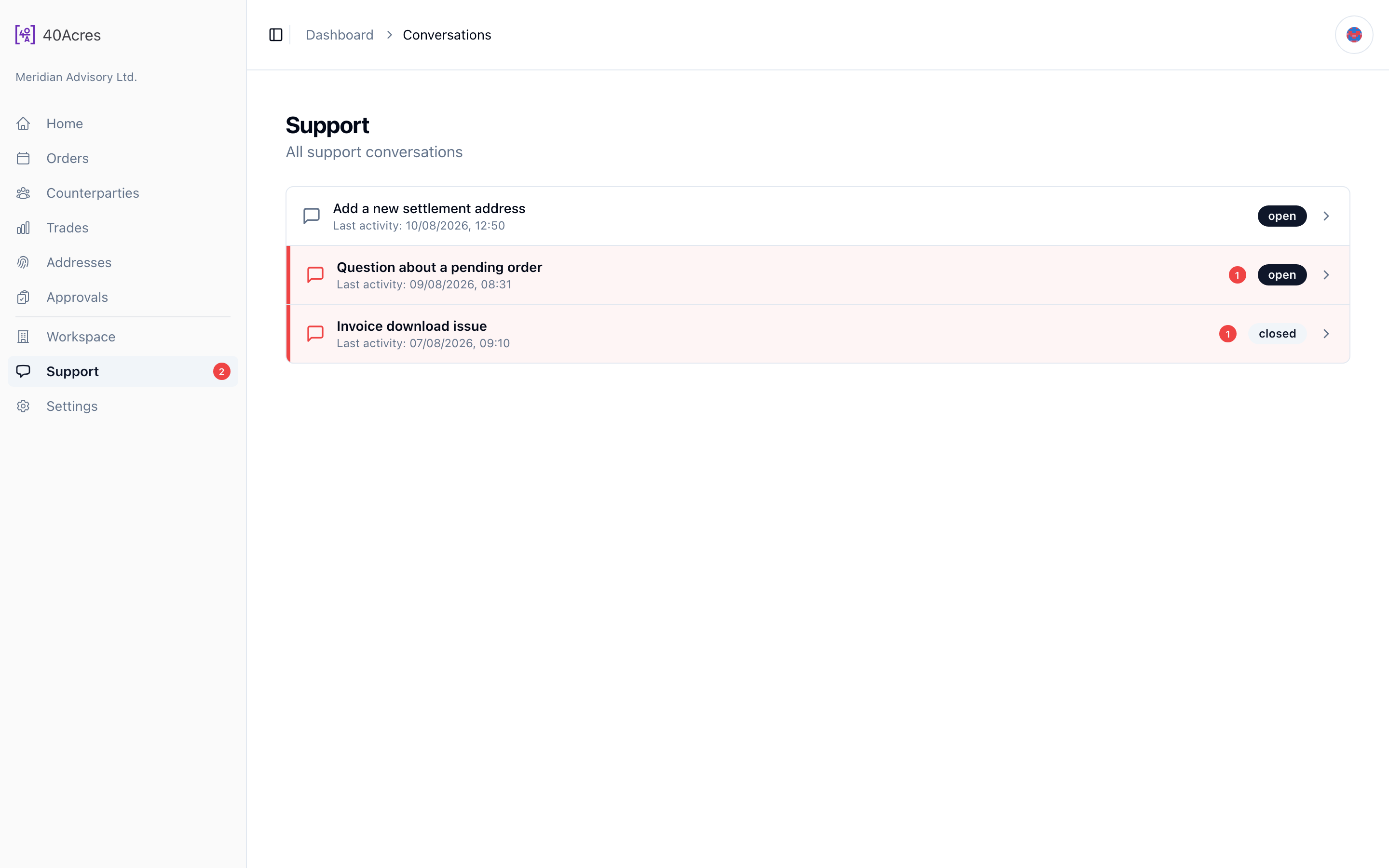 Support — /dashboard/conversations