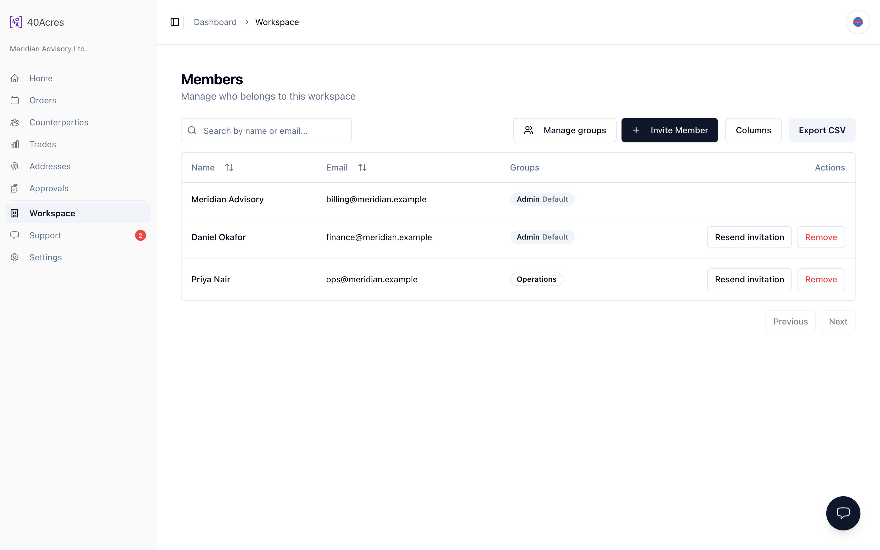 Workspace: members and permissions — /dashboard/legal-entities